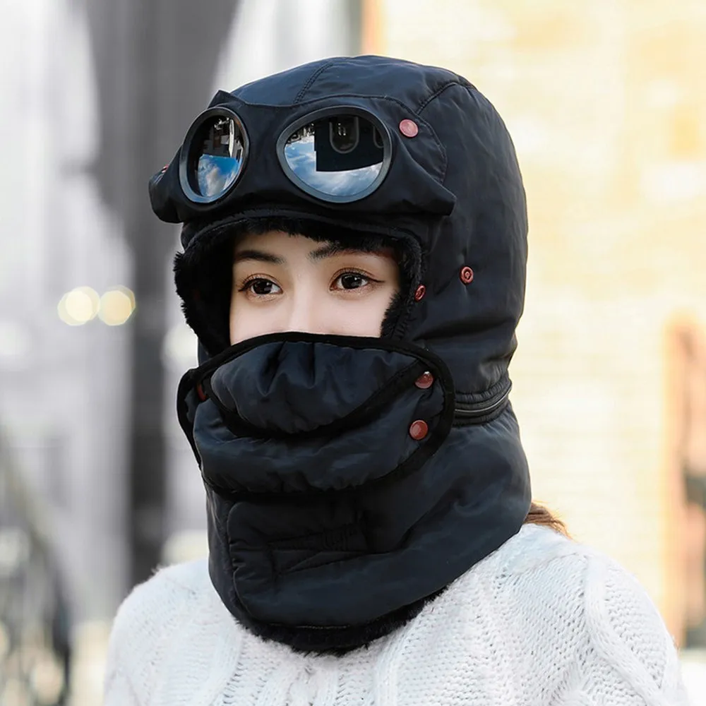 Winter Warm Hat Men Women Riding Cap Scarf Thick Earflap Outdoor Windproof Lei Feng Cap Ski Anti-fog Hiking Cotton with Glasses