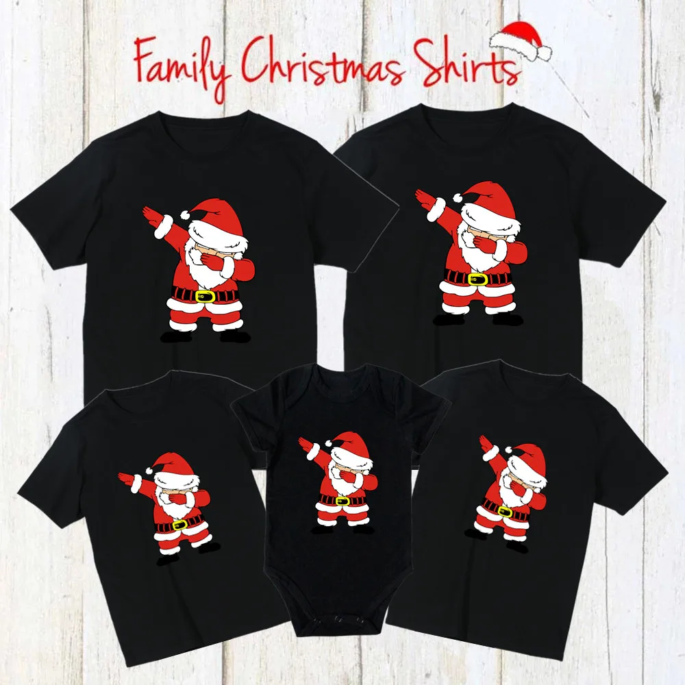 Dance Santa Claus Print Family Matching Clothes Cotton Short Sleeve Black T-shirt Father Mother Kids Christmas Clothes