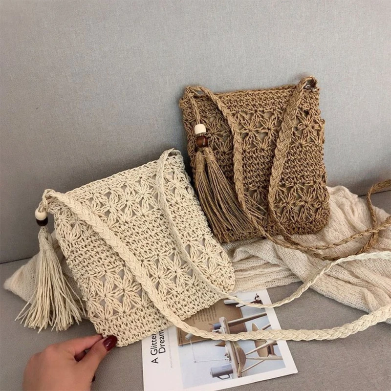 Women Beach Woven Straw Shoulder Messenger Bag with Tassel Boho Hollow Out Crochet Crossbody Handbag Macrame Clutch Purse with