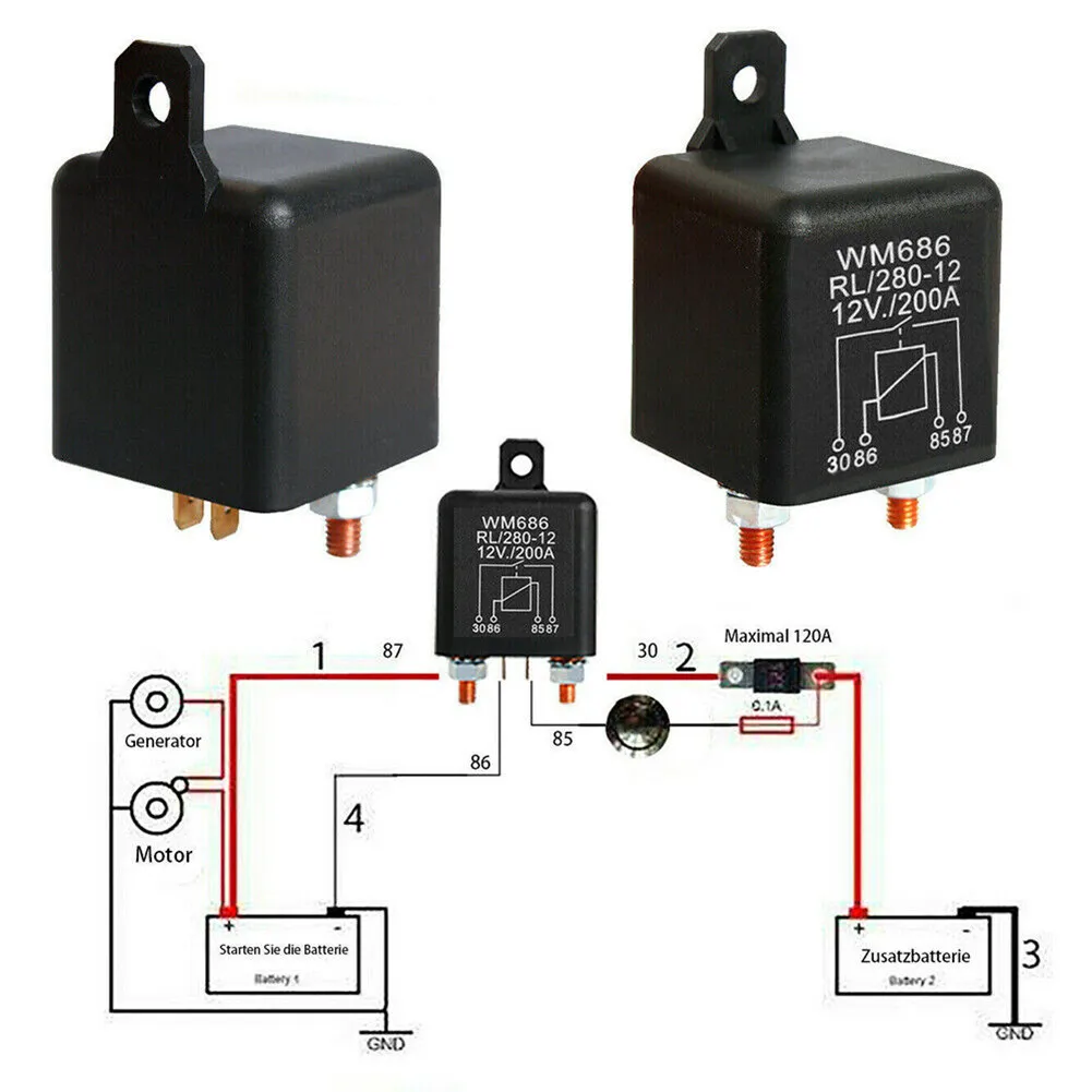 200A Automotive Relay 12V Normally Open Start WM686 M6 Terminal RL180 DC12V 200A High Performance Automotive Control Unit