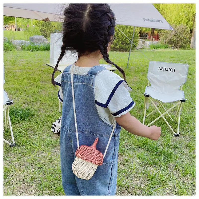 Cute Woven Acorn Bag Children's Bag 2021 New Mini Hit Color Summer One-Shoulder Straw Woven Female Bag Messenger Bag