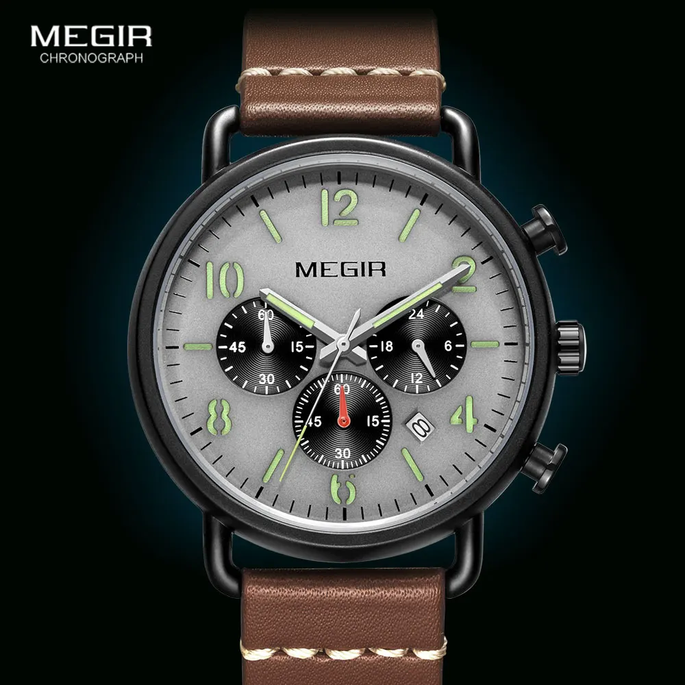 MEGIR Men Watches 2020 Luxury Top Brand Leather Strap Chronograph Quartz Watch Man Fashion Military Luminous Wristwatch 2158