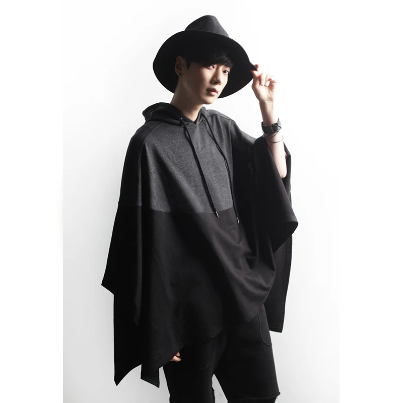 Korean hip-hop cape hooded jacket fashion trendy men's cloak jacket dark mid-length tide bat shirt loose shawl large size fat cl