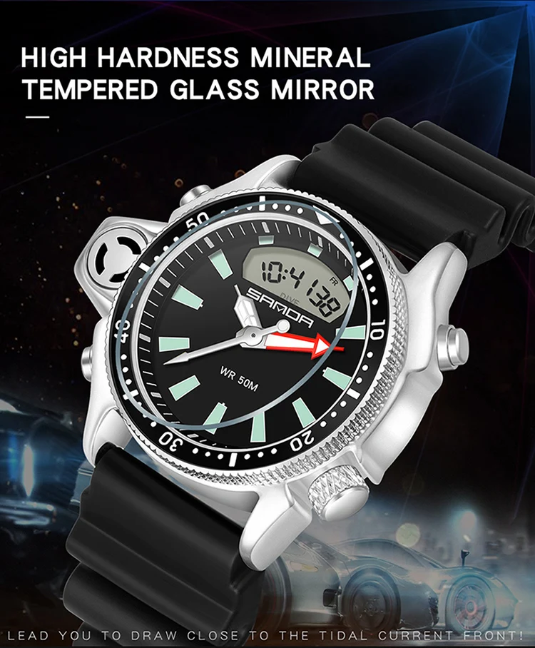 SANDA Mode Sport Männer LED Digital Uhren Dual Display Quarz Armbanduhr Im Freien Wasserdichte Militär Armbanduhren Herren Uhr – Detail 2