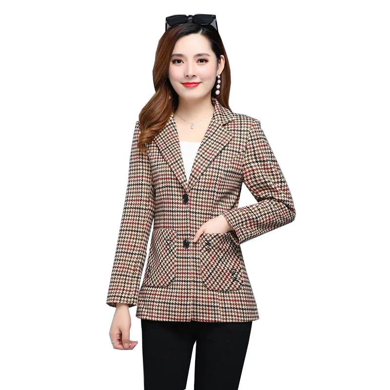 

2022 New Elegant Plaid Blazer Jacket Women's Long Sleeve Slim Single-breasted Suit Female Short Casual Blazer Outweat Top R980