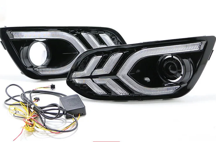 eOsuns led drl daytime running light for Ford escort 2015-2018 with Dynamic moving yellow turn signal and blue night light