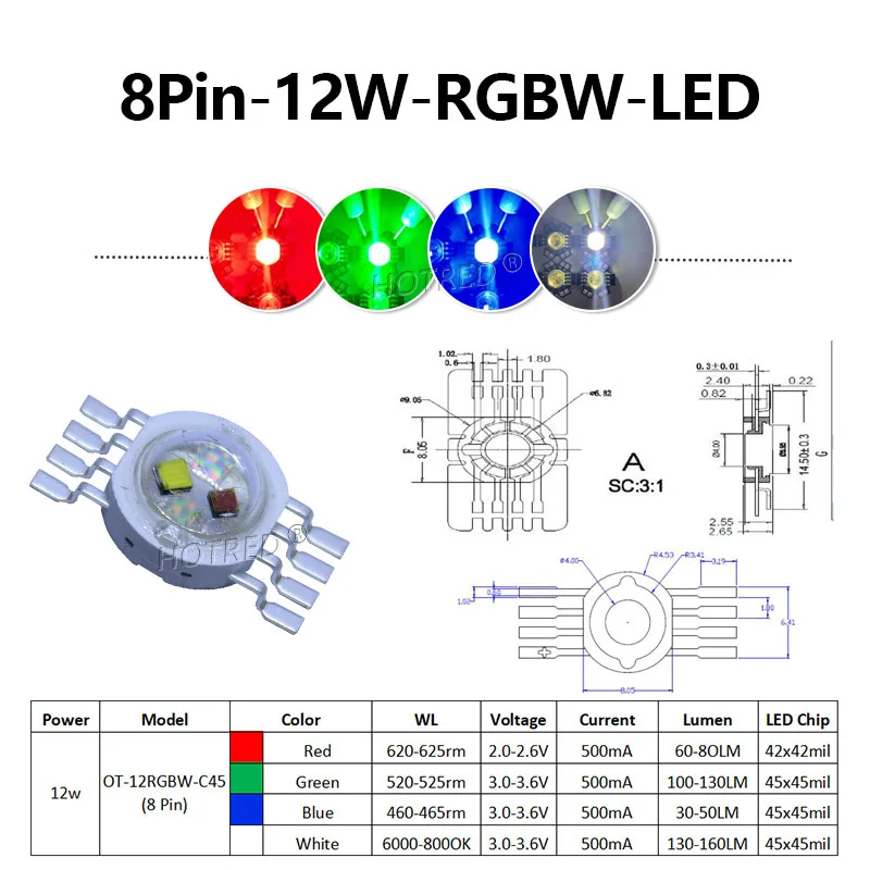 10-100PCS 45MIL RGBW LED Diode 8pins High Power LED Chip 4W-12W Colorful four core sources DIY for LED Stage lighting beads