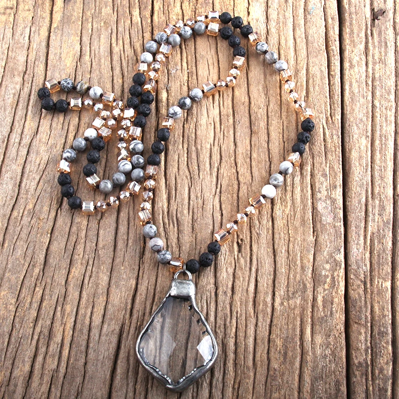 Fashion Bohemian Jewelry Natural Stones Crystal Knotted Glass Drop Pendant Necklaces Women Lariat Necklace