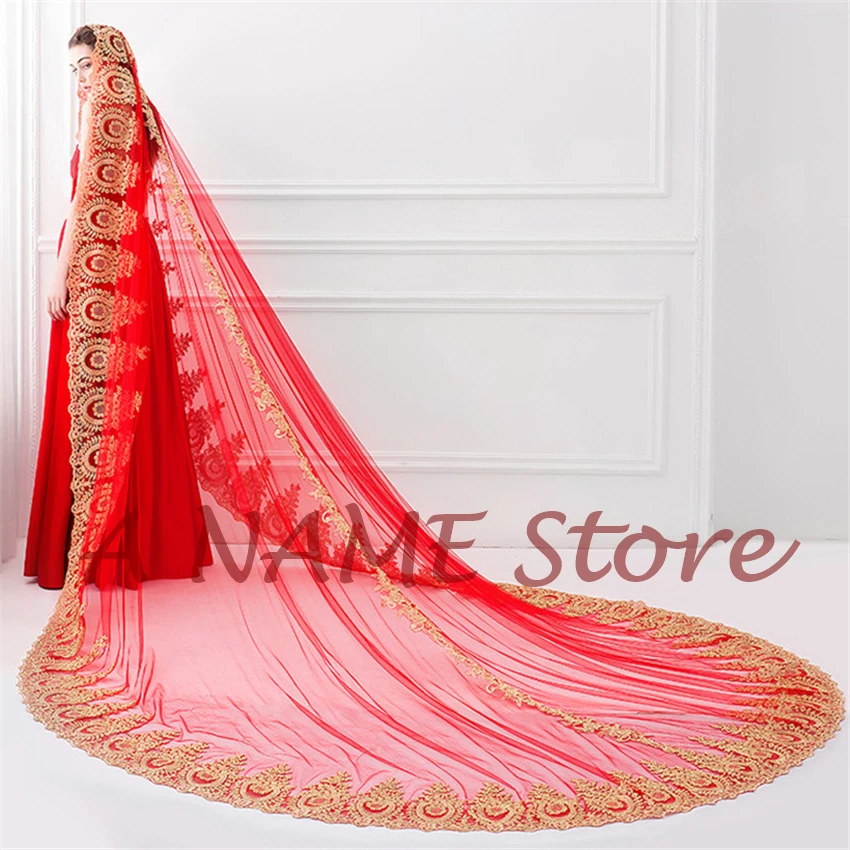 Ishsy Katedral Merah Panjang Tulle Renda Emas Appliques Edge Bridal Pernikahan Kerudung untuk Bride Voile De Mariage Velo De Novia rouge