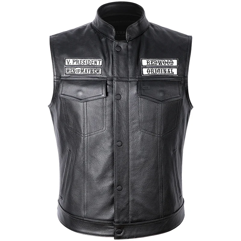 

Motorcycle SOA Biker Leather Vest Mens Genuine Leather Sleeveless Jackets Multi Embroidered cloth Patch Thick Cowhide Waistcoat