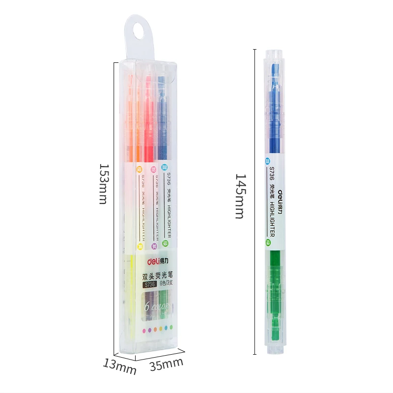 DELI S736 Twin Tip Highlighter 3Pcs/Bag 6 Colors Cute Pen Double Headed marker Pen Mark Pen Office School Supplies Stationery