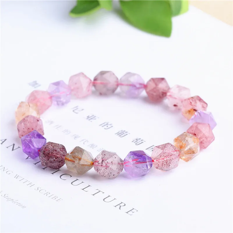 

Natural Purple Super 7 Seven Gold Rutilated Amethyst Strawberry Quartz Clear Beads Bracelet Mixed Stone 8mm 10mm AAAAA
