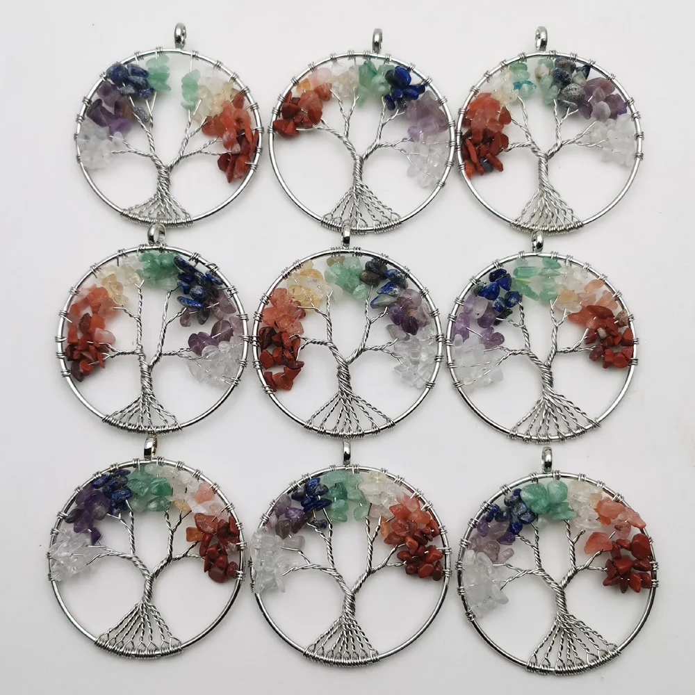 Fashion charm Tree of Life 50MM 12pcs/lot Wisdom Tree Chakra Reiki Healing Natural Stone Pendant for Jewelry making wholesale