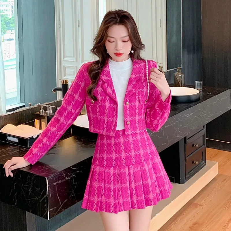 หวานสุภาพสตรีลายสก๊อต Tweed สั้นตัดเสื้อ2ชิ้นชุดฤดูใบไม้ร่วงผู้หญิง Notched Collar Coat + สูงเอวมินิชุดกระโปรง