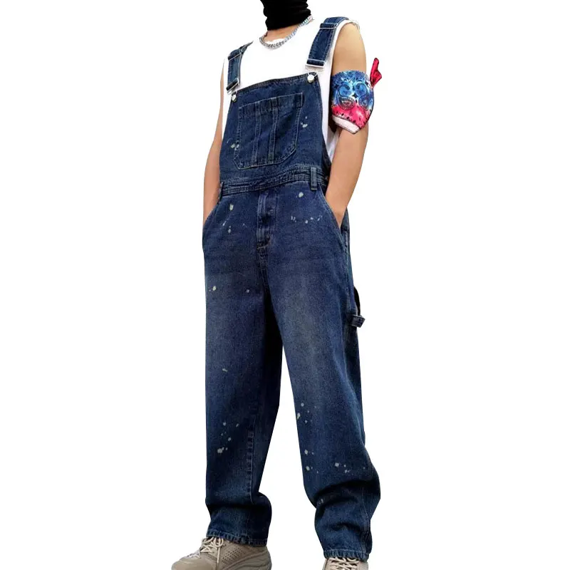 

Spring American Retro Street Jeans Men Woman Overalls Bib Denim Jumpsuits Loose Straight Paint Spot Youth Blue Pants Trousers