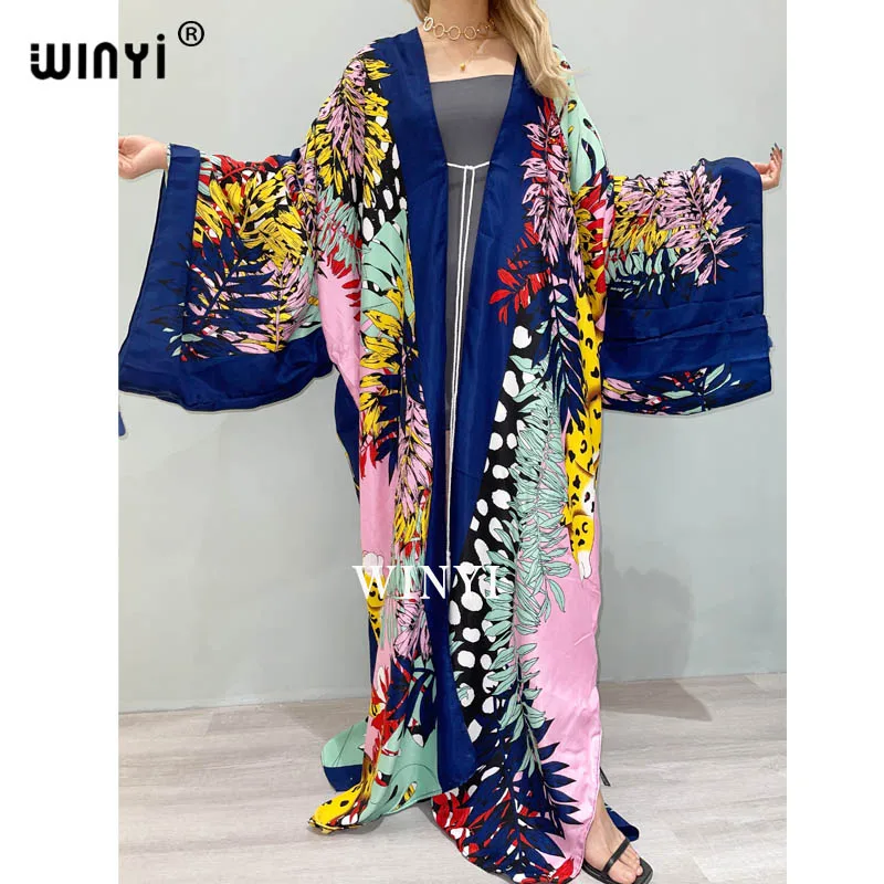 2021 WINYI new Cotton Bikini Sweet Lady Pink Boho Print Self Belted Front Open Long Kimono Dress Beach Tunic Women Wrap Dresses