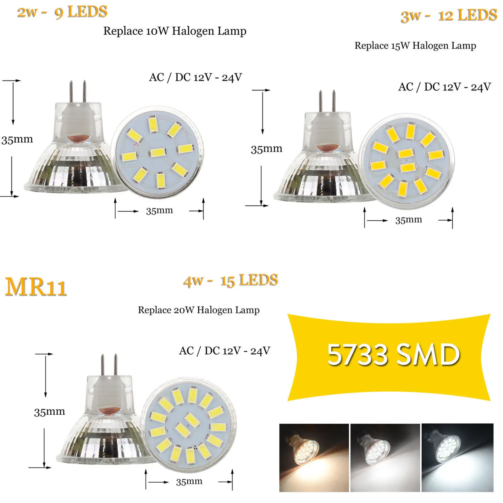 2W 3W 4W MR11 Led Spotlight Bulb 3000K-6500K for Living Room AC/DC 12V 24V Landscape Decoration ‎9Leds Lights 5733 Light White