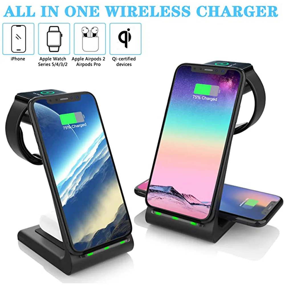 3 in 1 Wireless Charger Station 15W Fast Apple Wireless Charging Stand Dock for iPhone 14/13/12/11/8 Pro Max AirPods iWatch