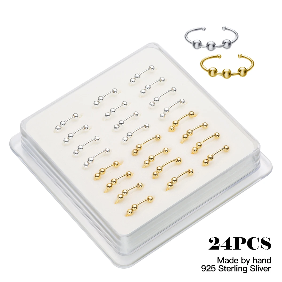 24Pcs/Ser 925 silver three ball nose ring clamp hoop nasal septum cartilage tragus small wear pungent rings female body jewelry