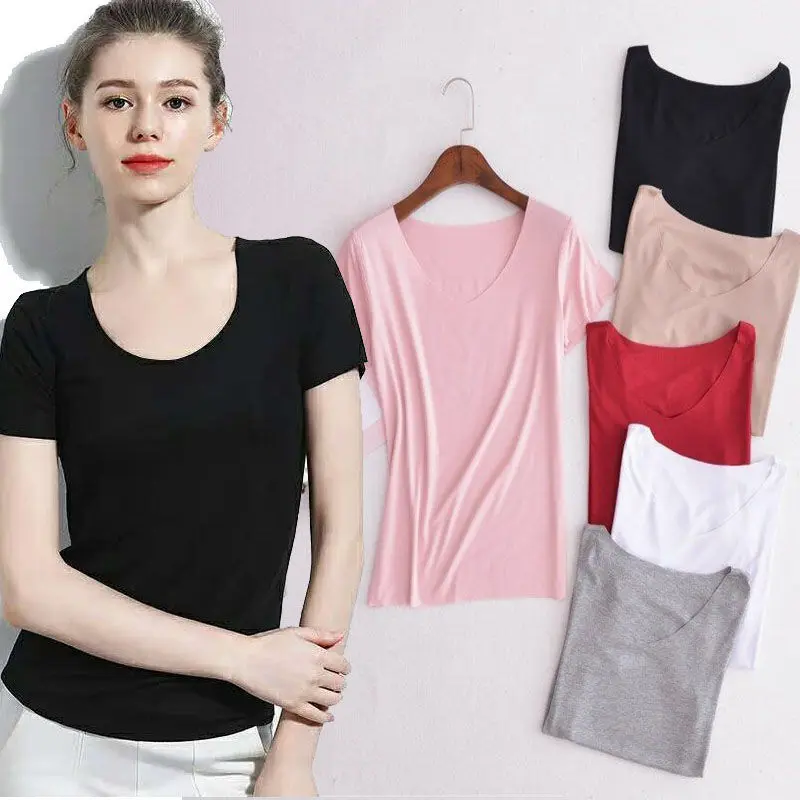 Summer Thin Ladies Ice Silk Seamless Short Sleeve O-neck T-shirt Women Inside Slim Half Sleeve Tees