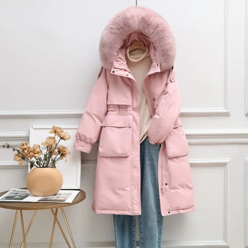 

Winter Women Elegant Hooded Warm Patchwork Draw Srting 90% White Duck Down Coats Slim Down Jackets Fox Fur Collar Padded Parkas