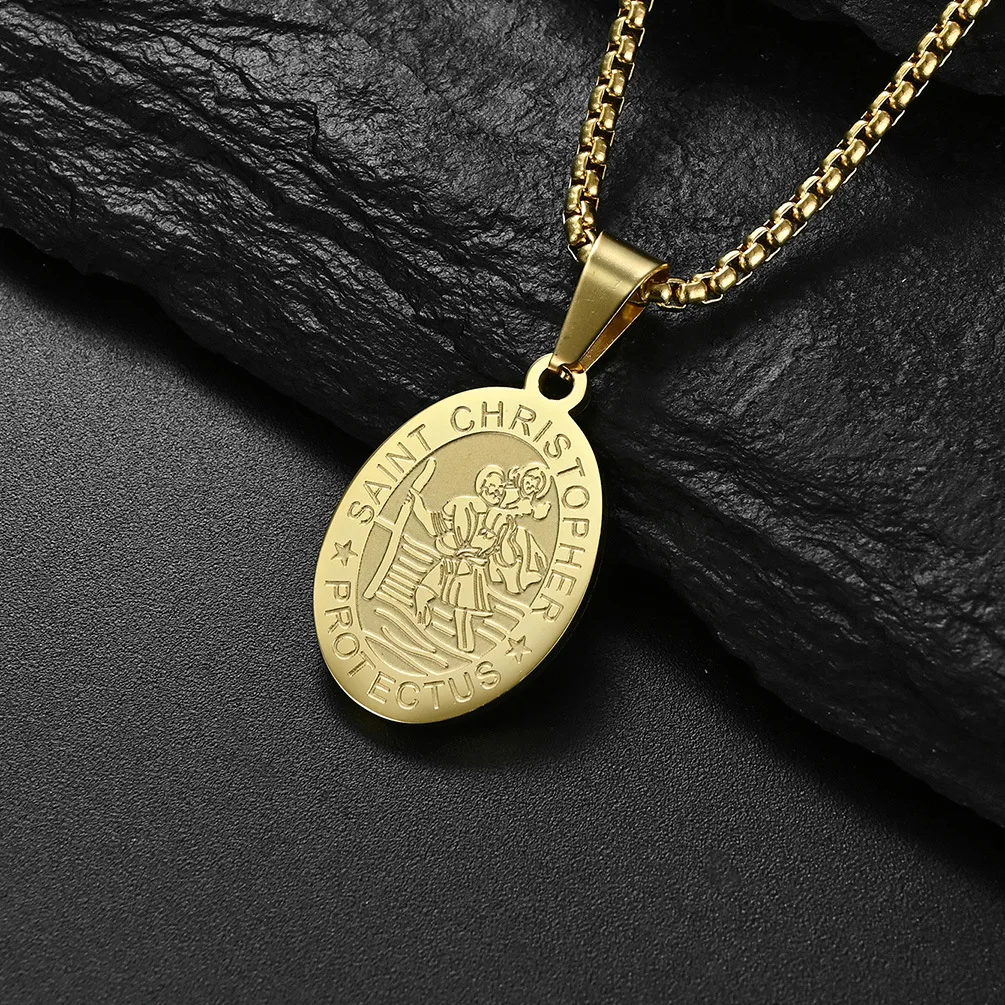 St Christopher Necklace Titanium Steel Oval Necklace for Men Women Religious Protector Talisman Pendant