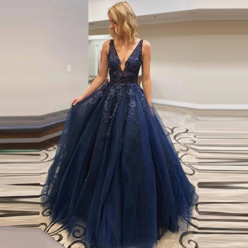 

ANGELSBRIDEP V-Neck Navy Blue Evening Party Dresses Vestidos De Festa Fashion Appliques Floor-Length Tulle Formal Prom Dress Hot