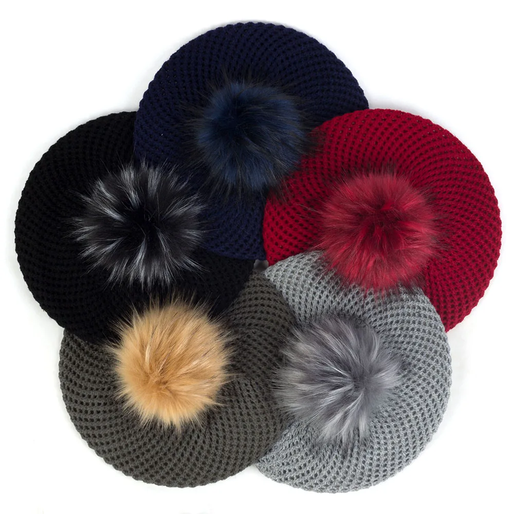 Fashion Women Casual Double Layer Winter Berets Hat Knitted Wool Berets With Faux Fur Pom pon Ladies Acrylic Beret Hats