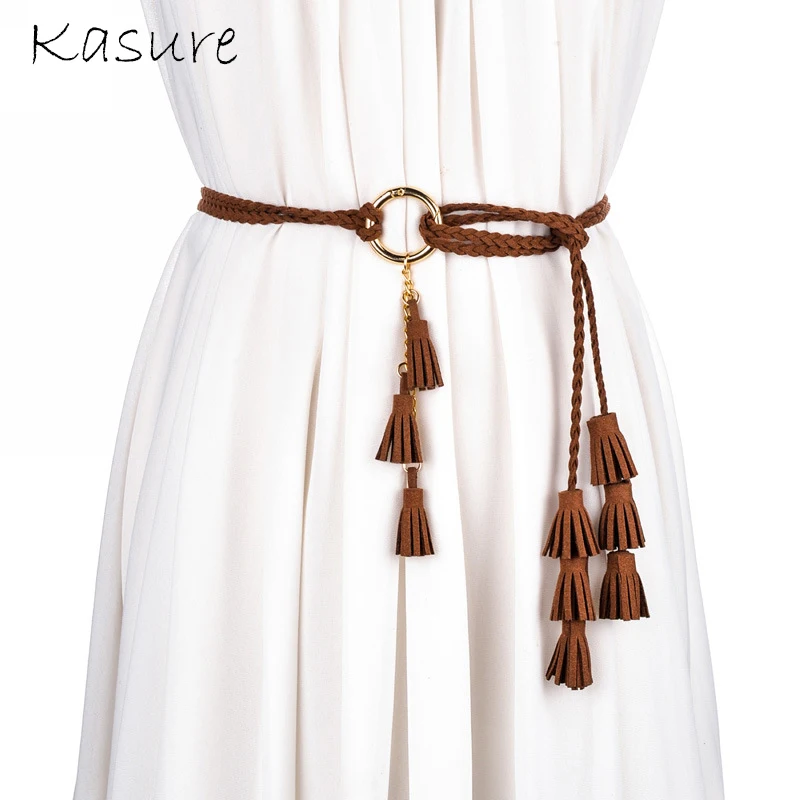 KASURE Womens' PU Leather Knitted Tassel Waist Belt Bohemia Woven Wax Rope Belt Summer Skirt Dress Decorative Belts