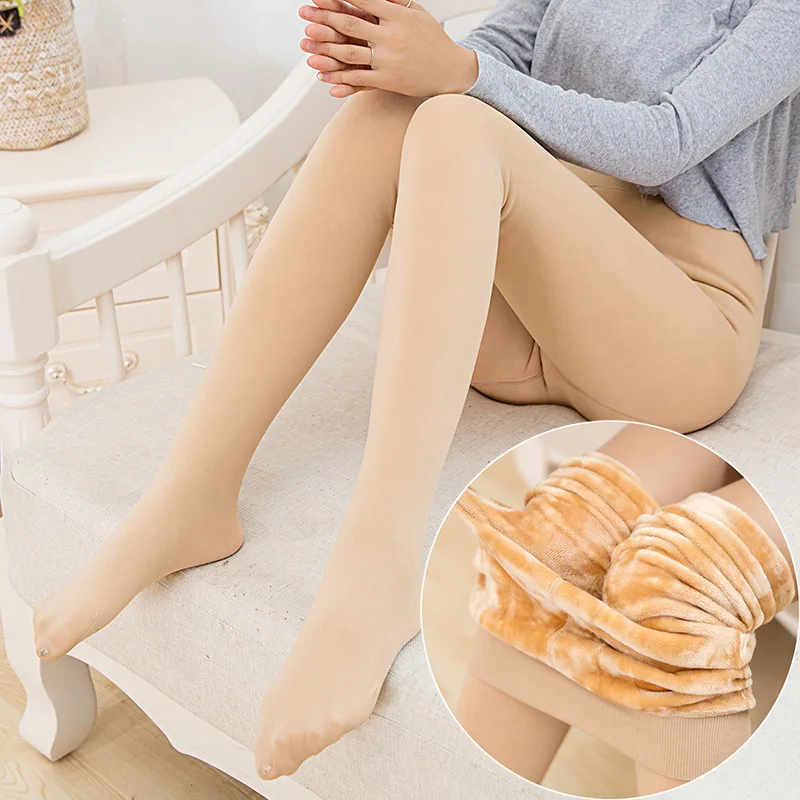 ฤดูใบไม้ร่วงฤดูหนาวผู้หญิงอบอุ่นสีดำ Nude Leggings Casual Elastic Thicken Velvet Lady High เอวกางเกง Trample ฟุต Tights