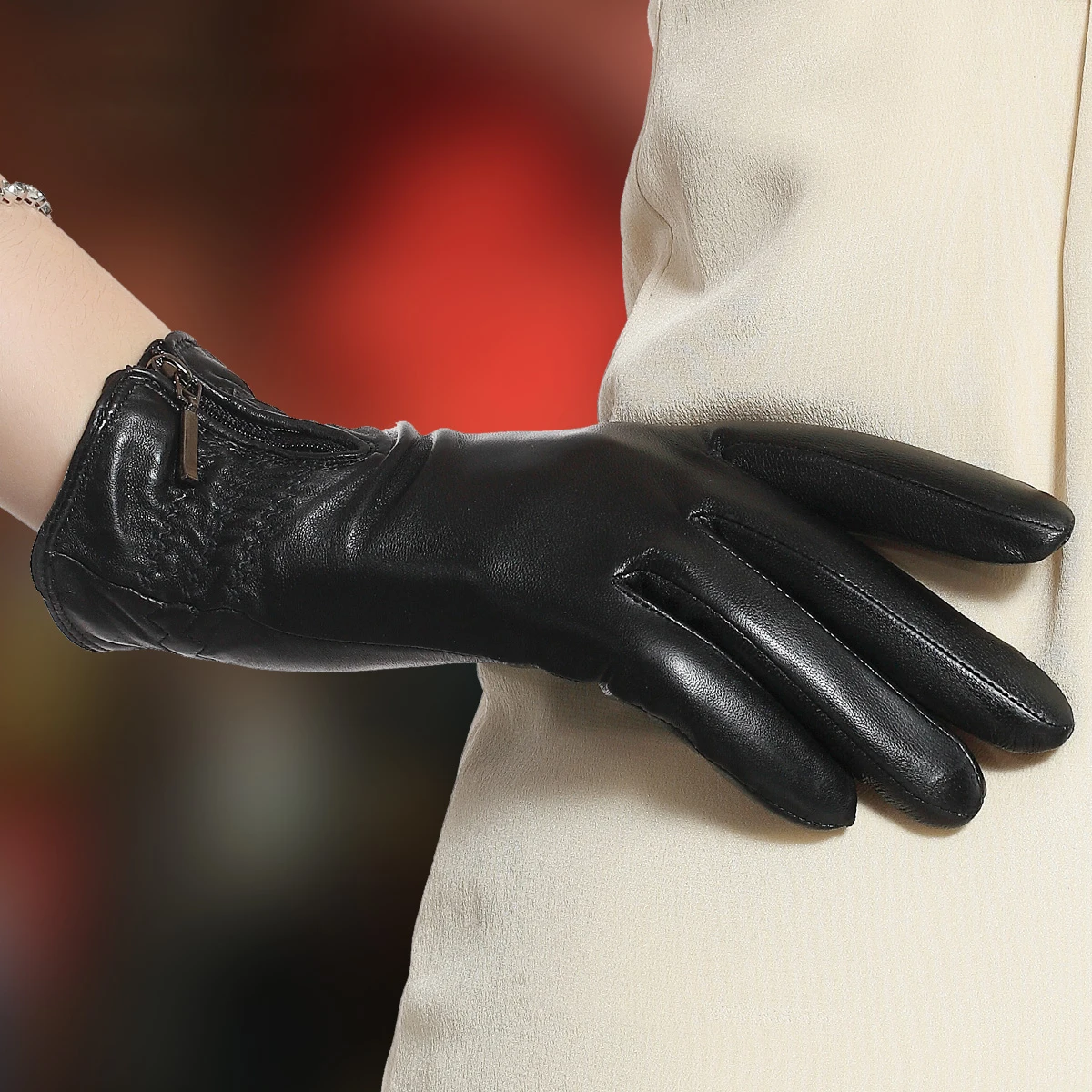 High Quality Real Leather Gloves Female Fashion Black Zipper Driving Sheepskin Women Gloves Keep Warm 5711