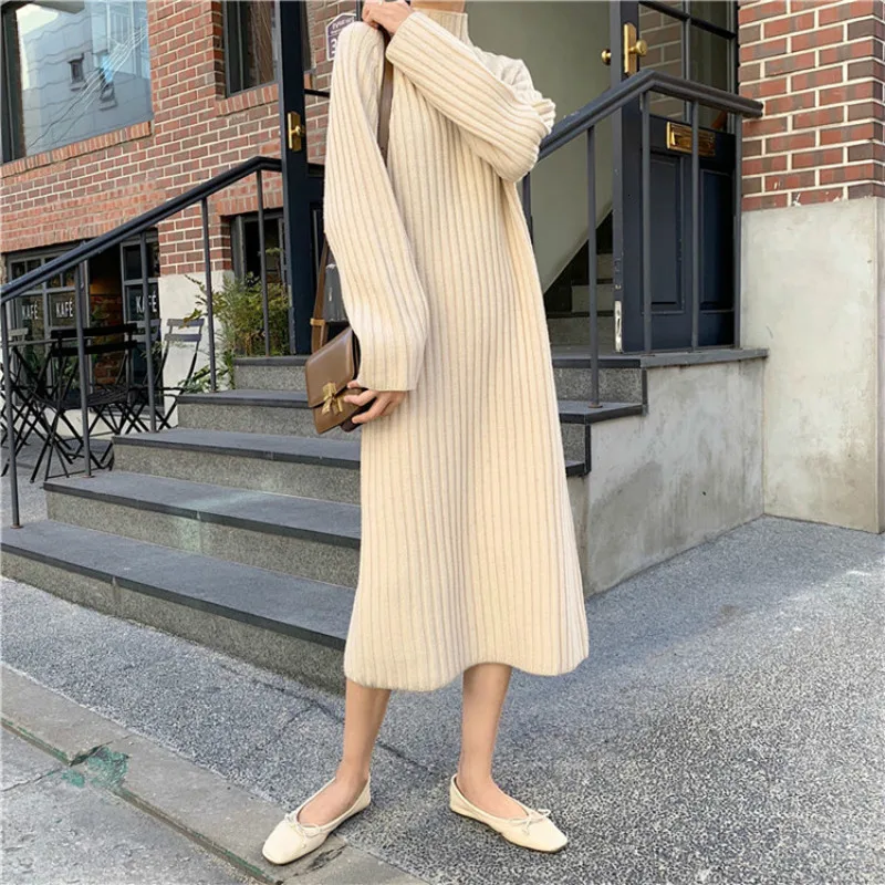 Women Winter basic Long Sweater Dress Turtleneck long sleeve Elegant solid color brief slim Knitted dresses pullovers