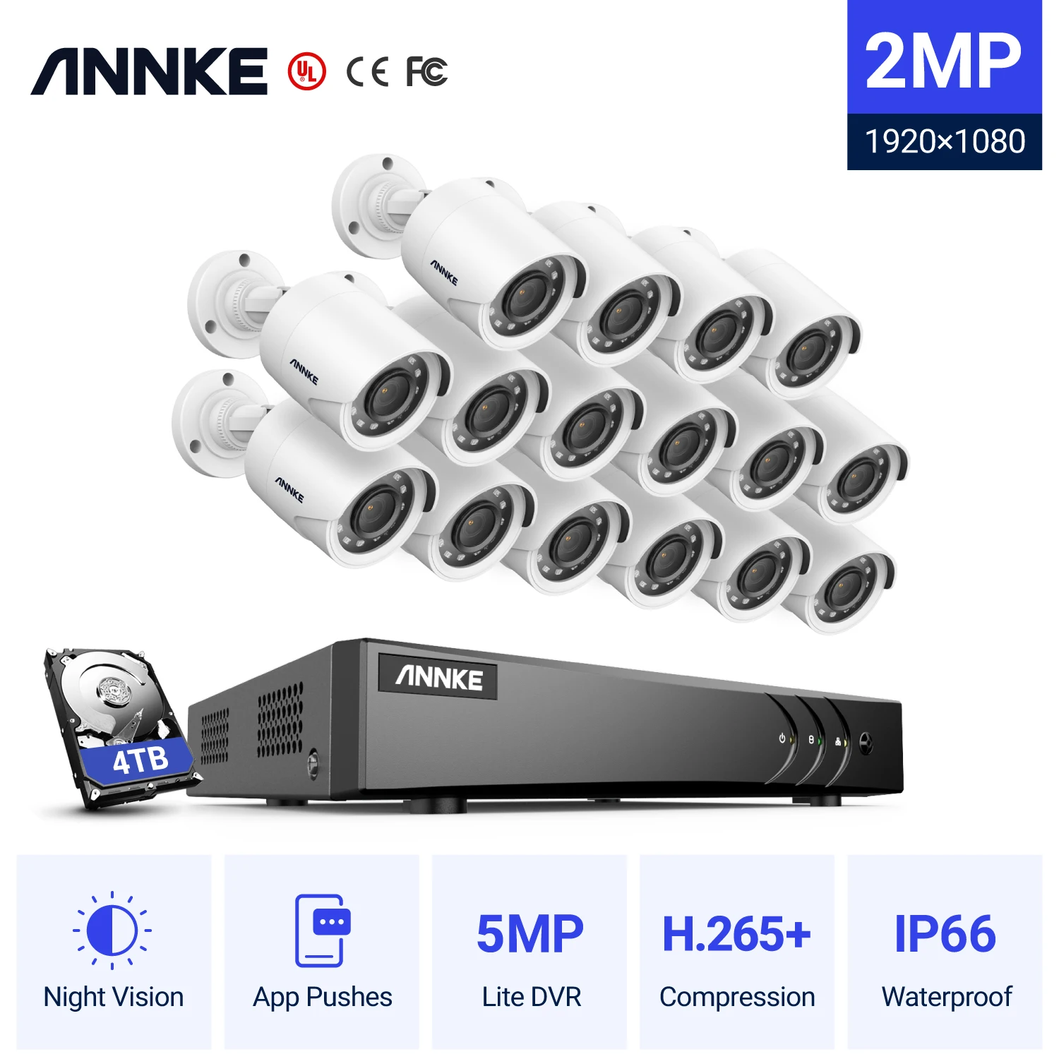 ANNKE 1080P H.264+ 16CH CCTV Camera DVR System 16pcs IP66 Waterproof 2.0MP White Bullet Cameras Home Video Security CCTV Kit