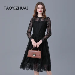 women plus size  Black  dresses New French hollow out lace brand dress for spring and autumn dress in 2021