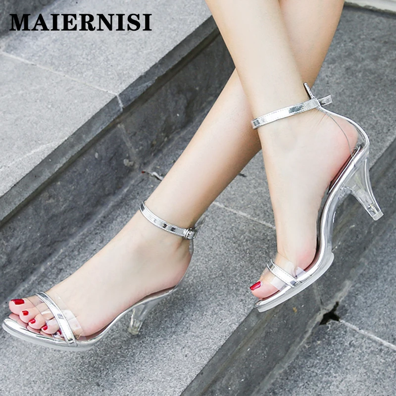 Solid One Word With High Heels Party Sandals Summer Sexy Nightclub Transparent Ladies Shoes New Crystal Thin Heel Women Shoes