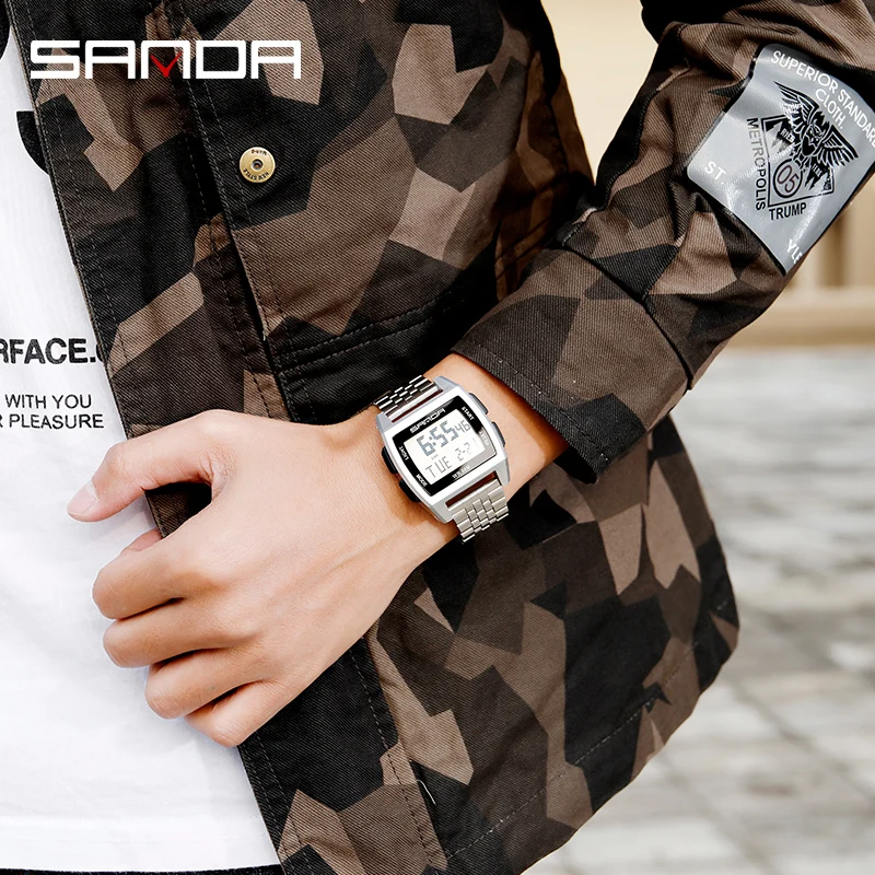 SANDA Fashion Electronic Watch Luxury Stainless Steel Band Digital Watches For Man Waterproof Stopwatch Led Light Alarm Clock