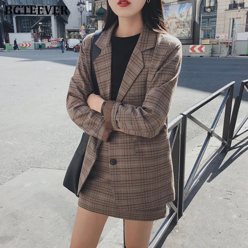 2019 Retro Plaid Blazer Sets Single-breasted Jacket & Pencil Skirt Vintage 2 Pieces Skirt Suits Female Office Ladies Blazer Suit