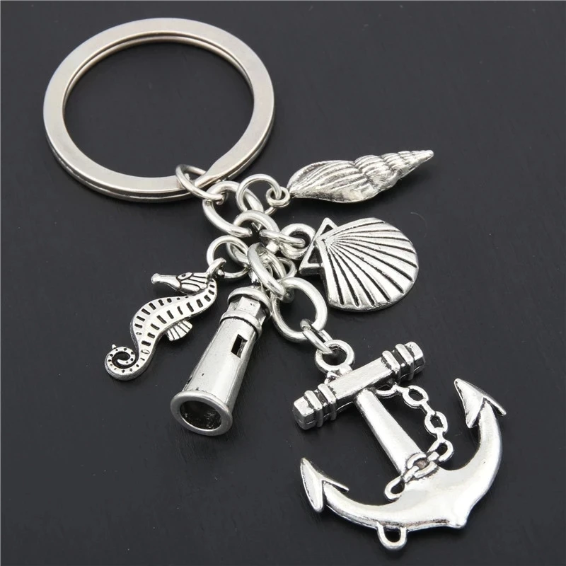 

1pc Beach Keychain Fish Anchor Lighthouse Seashell Seahorse Charms Keyring Jewelry Summer Gift E1641