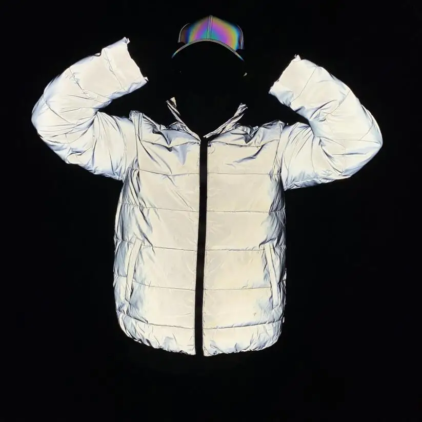 New 2026 Reflective Jacket Men Winter Warm Cotton-Padded Coat Harajuku Street Hip Hop Jackets Night Reflect Light Parka