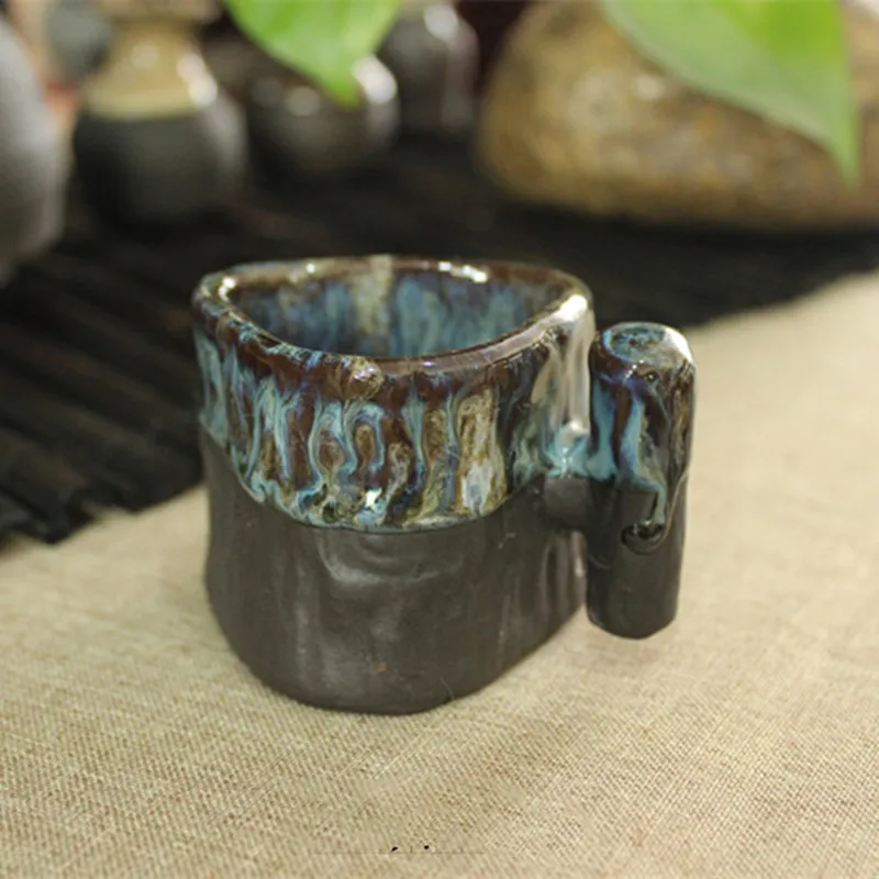 Hand-made Rough Glazed Ceramic Tea Cup, Coarse Pottery Tea Master Cup, Glaze Drinkware, Blue Flower Glaze