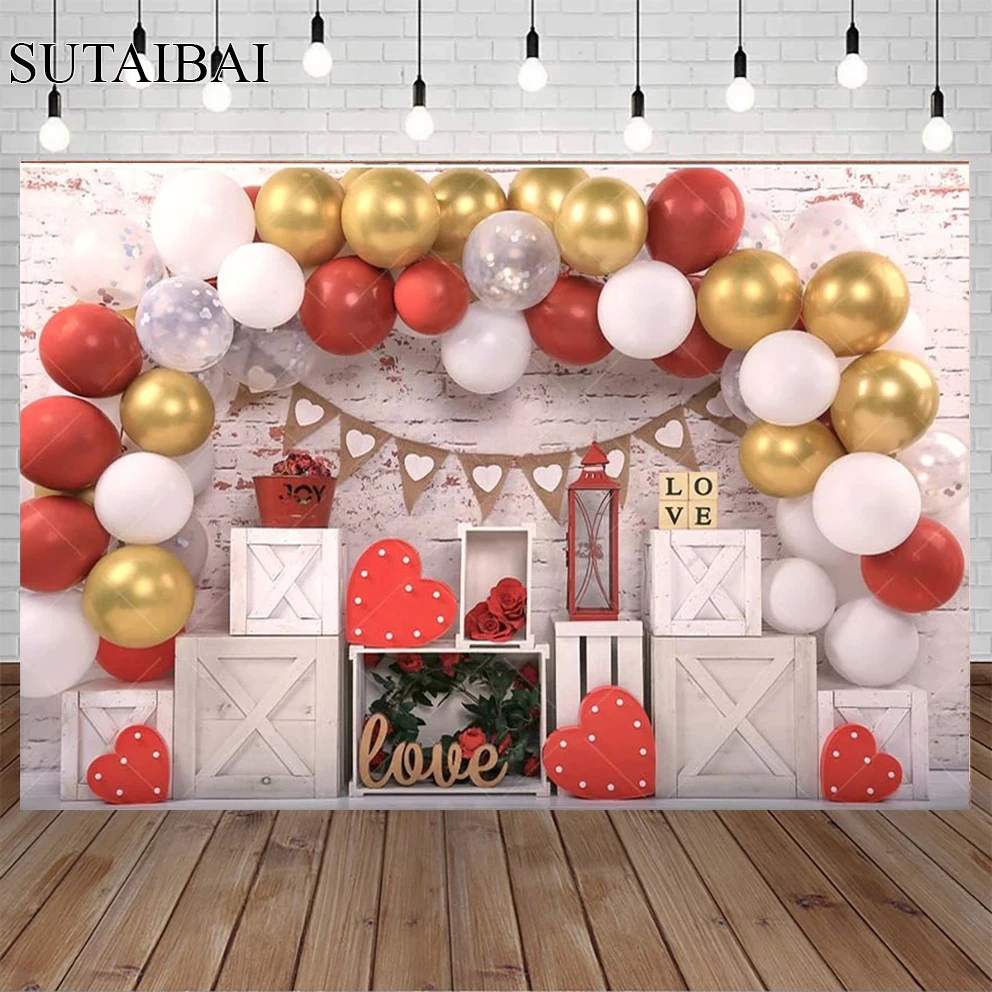 

Valentine's Day Background White Brick Wall Red Love Heart Balloon Photography Wallpaper Wedding Backdrop Lover Portrait Banner