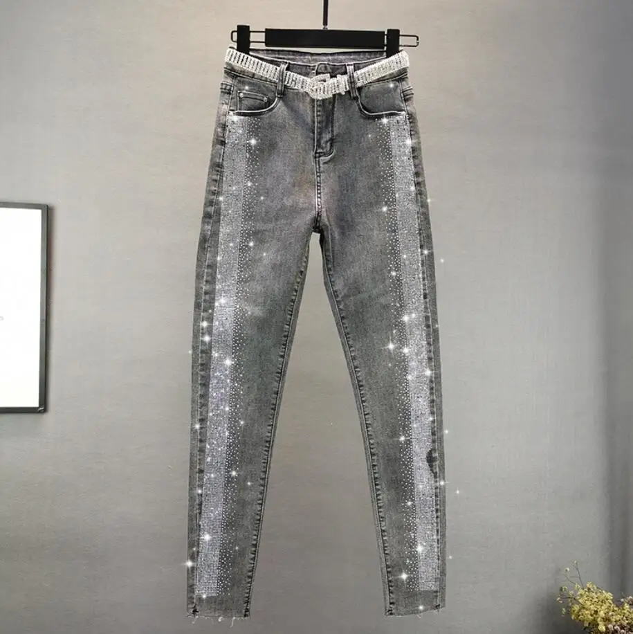 Women's jeans 2021 spring autumn new European station stretch Slim heavy industry rhinestone feet pants pencil pants q554