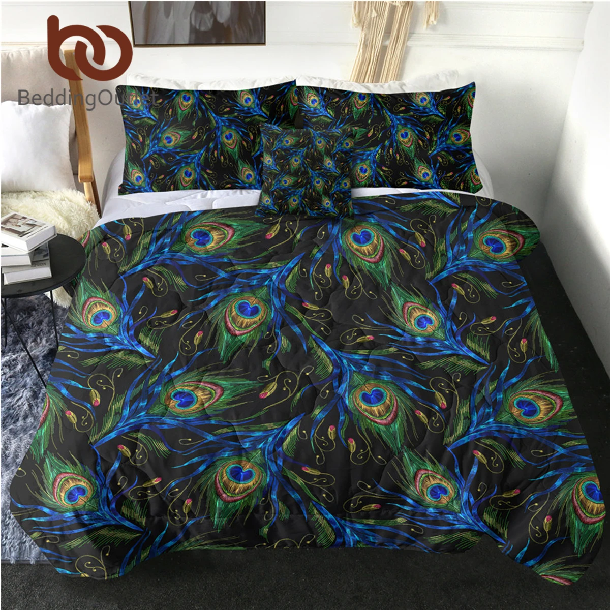 

BeddingOutlet Peacock Feather Quilt Blanket Bohemian Bedding Throws for Adult Aztec Bedspreads Blue Green Queen Bed Cover Set