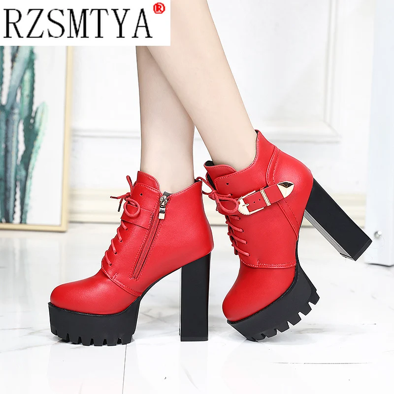 PU Leather Platform Ankle Strap Boots High Heels Women\'s Zip Spring Autumn Shoe Women Chaussures Femme Western Motorcycle Boots