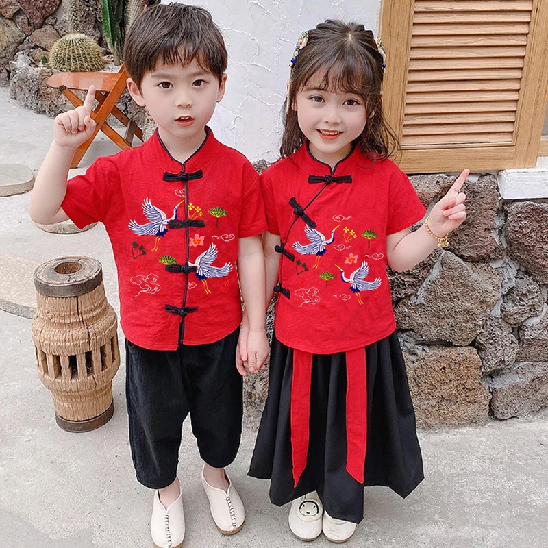 2Pcs Traditional Chinese New Year Costumes Clothes for Kids Spring Festival Tang Suit Girl Boy Sets Short Sleeve Top+Pants+Skirt