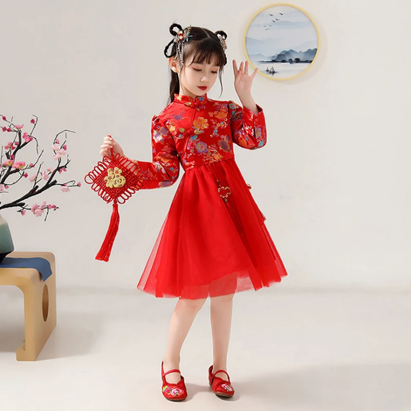 

Red Girl Silky Satin Princess Dress for Wedding party Kids Winter Thick First Communion Pageant Dresses New Year Clothing