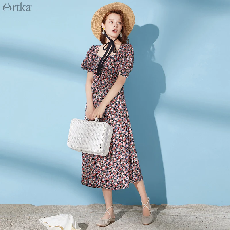 

ARTKA 2020 Summer New Women Dress French Vintage Floral Print Dresses Puff Sleeve Square Collar Long Chiffon Dress LA21303X