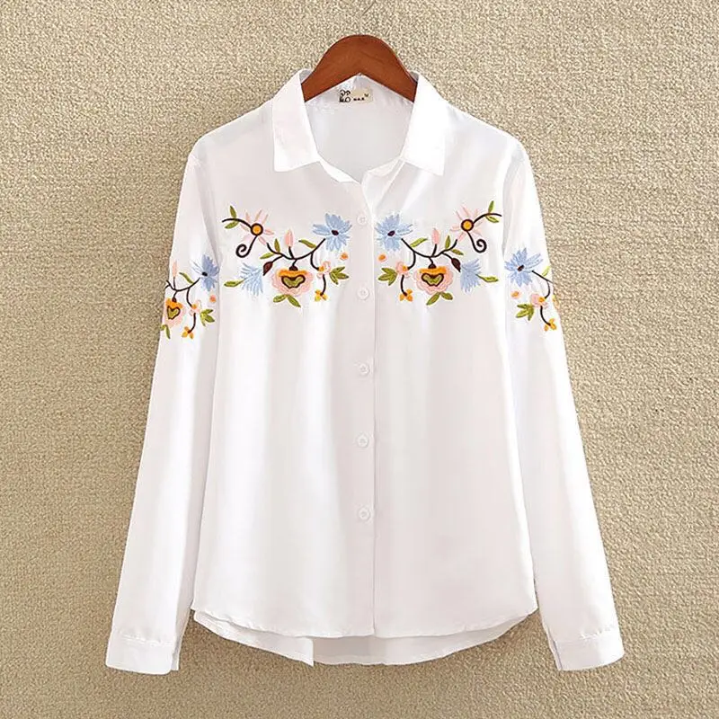 Embroidered Elegant Blouses Feminine Shirts Women Work Wear Long Sleeve White Shirt Vintage Chiffon Ladies Tops Casual 2023 New