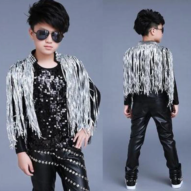 Jazz Dance Costume Sequined Fringed Coat Gold Silver Fringed Shawl Boys Hip Hop Street Dancing Clothes Stage Outfit DNV11849