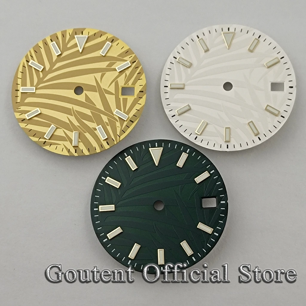 Goutent 29mm Sterile Gold Yellow/Green/Silver Leaf Watch Dial Luminous Fit NH35 NH36 Movement